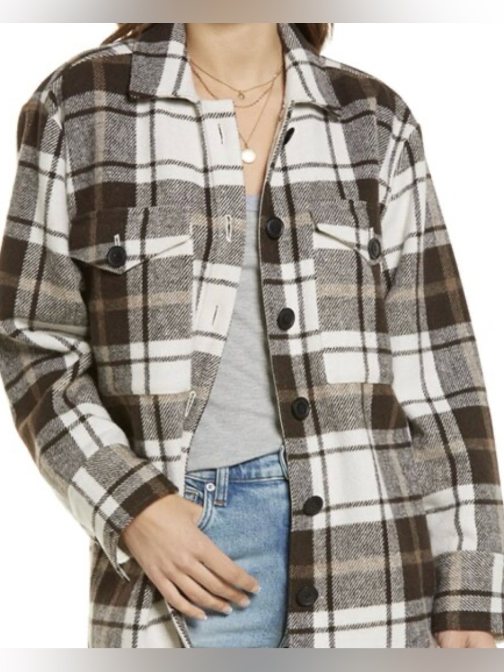 Treasure & Bond Plaid Utility Shacket Jacket in Brown and White Size Large